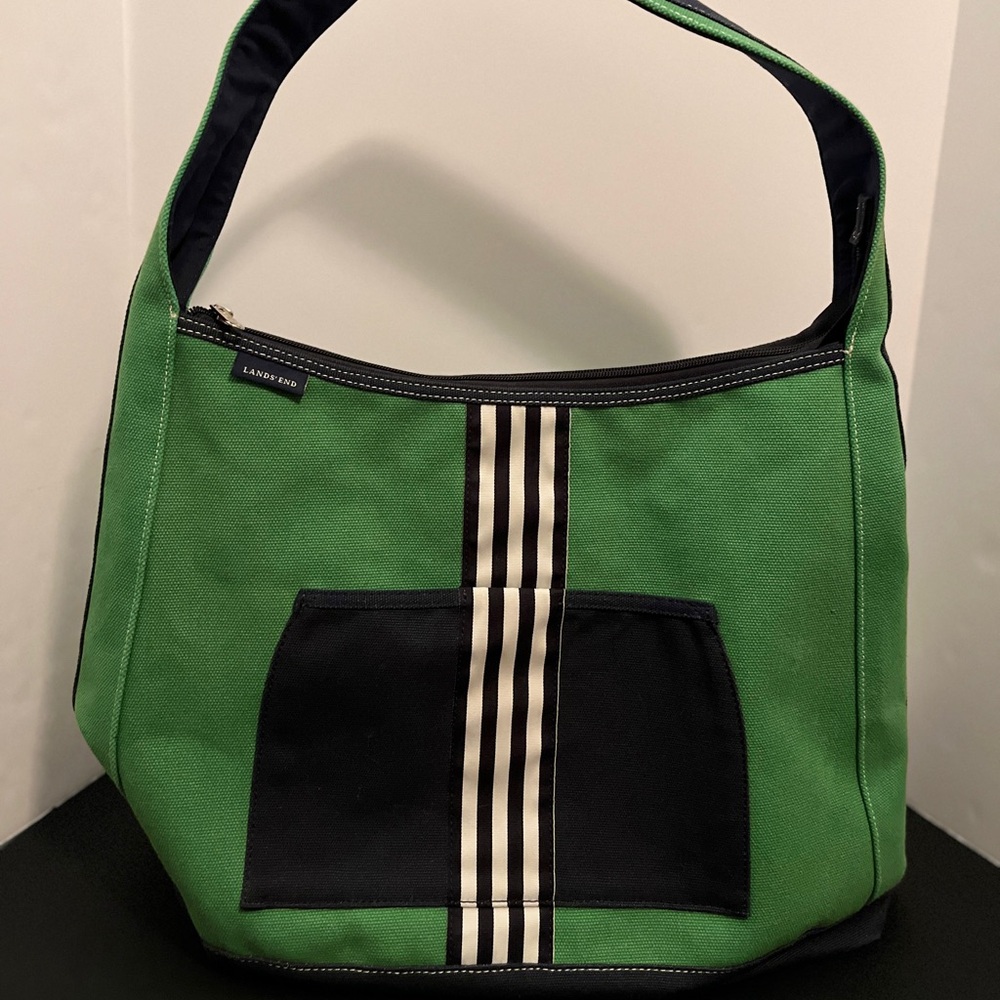 Lands' End Green and Navy Blue Canvas Tote